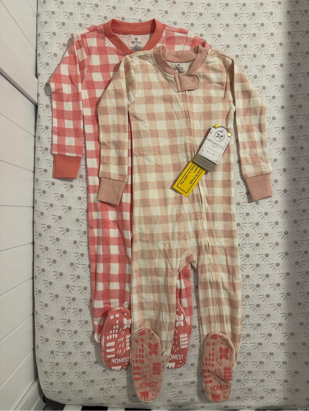 NWT 2 Piece set The Honest Company Pink and Cream Gingham Footed Pajamas